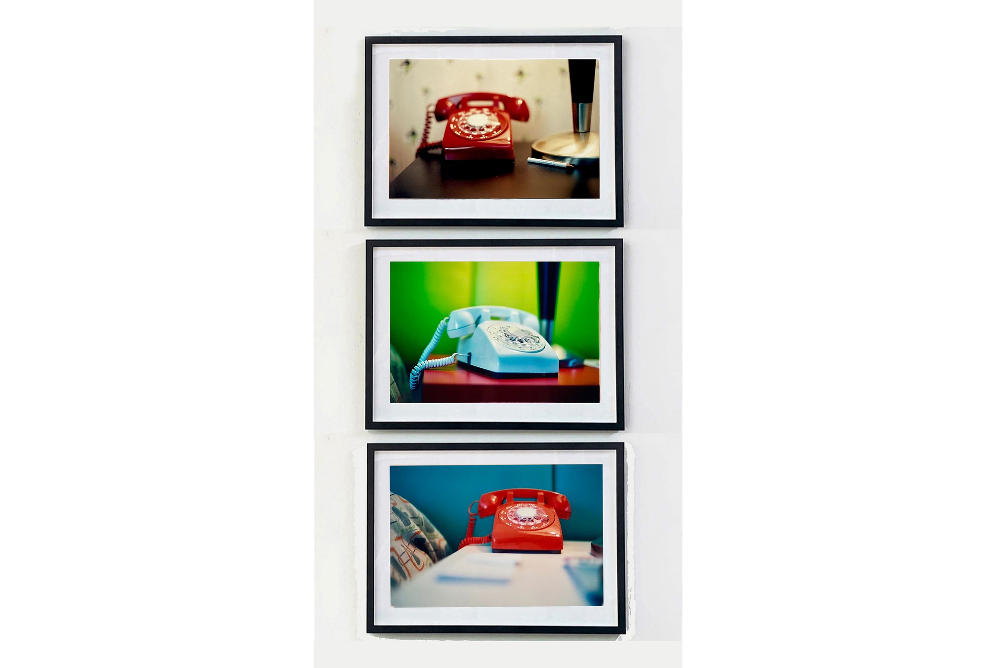 The Coolest Place, Ballantines Movie Colony, Palm Springs, California. Part of Richard Heeps 'Dream in Colour' Series, this cool Palm Springs interiors picture featuring a vintage telephone on a nightstand combines gorgeous colours and dreamy nostalgic mid-century vibes.