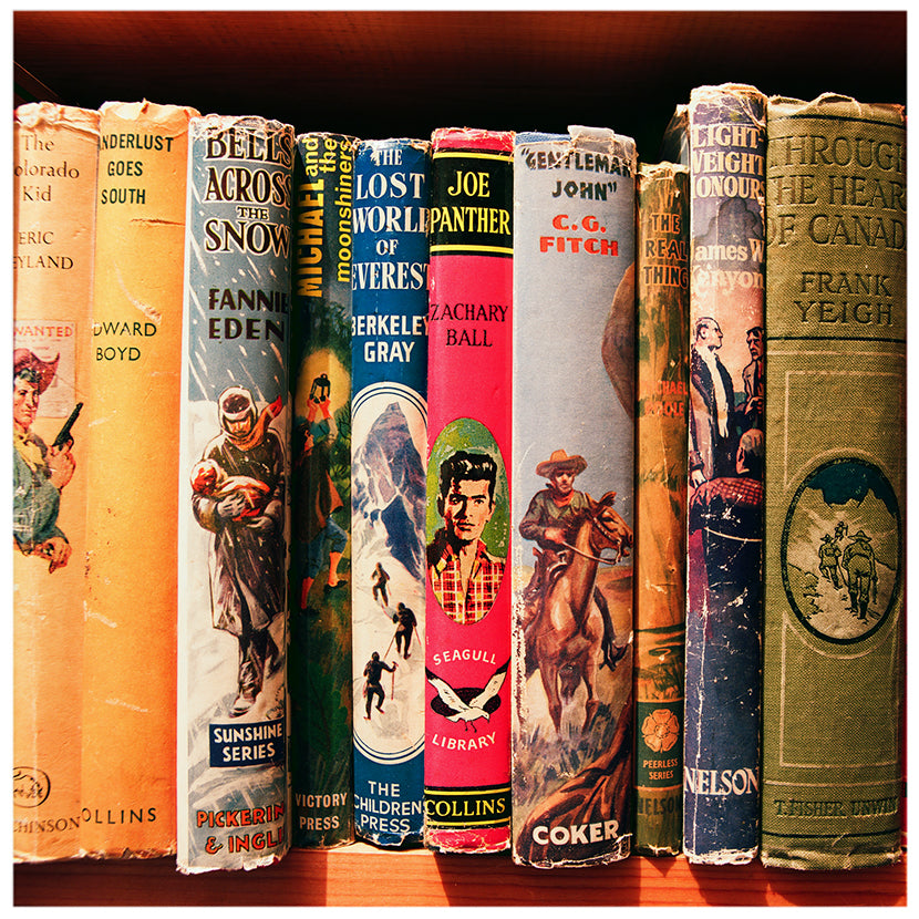 Vintage book spines on a shelf in a secondhand bookshop photograph by Richard Heeps.