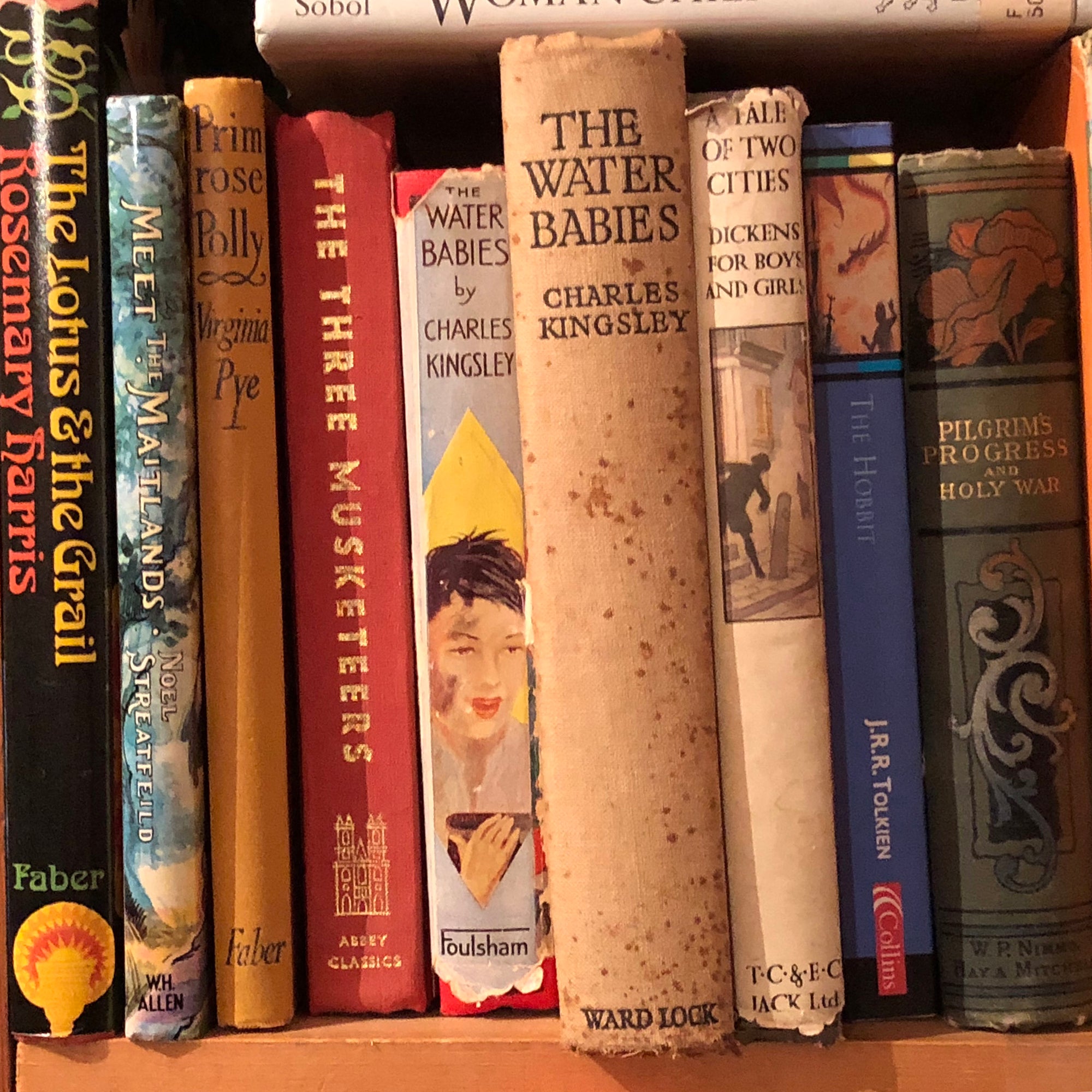 'Water Babies' shows the well worn spines of vintage children's books on a shelf, photographed by Richard Heeps in a secondhand bookshop in the British Seaside town Sheringham.