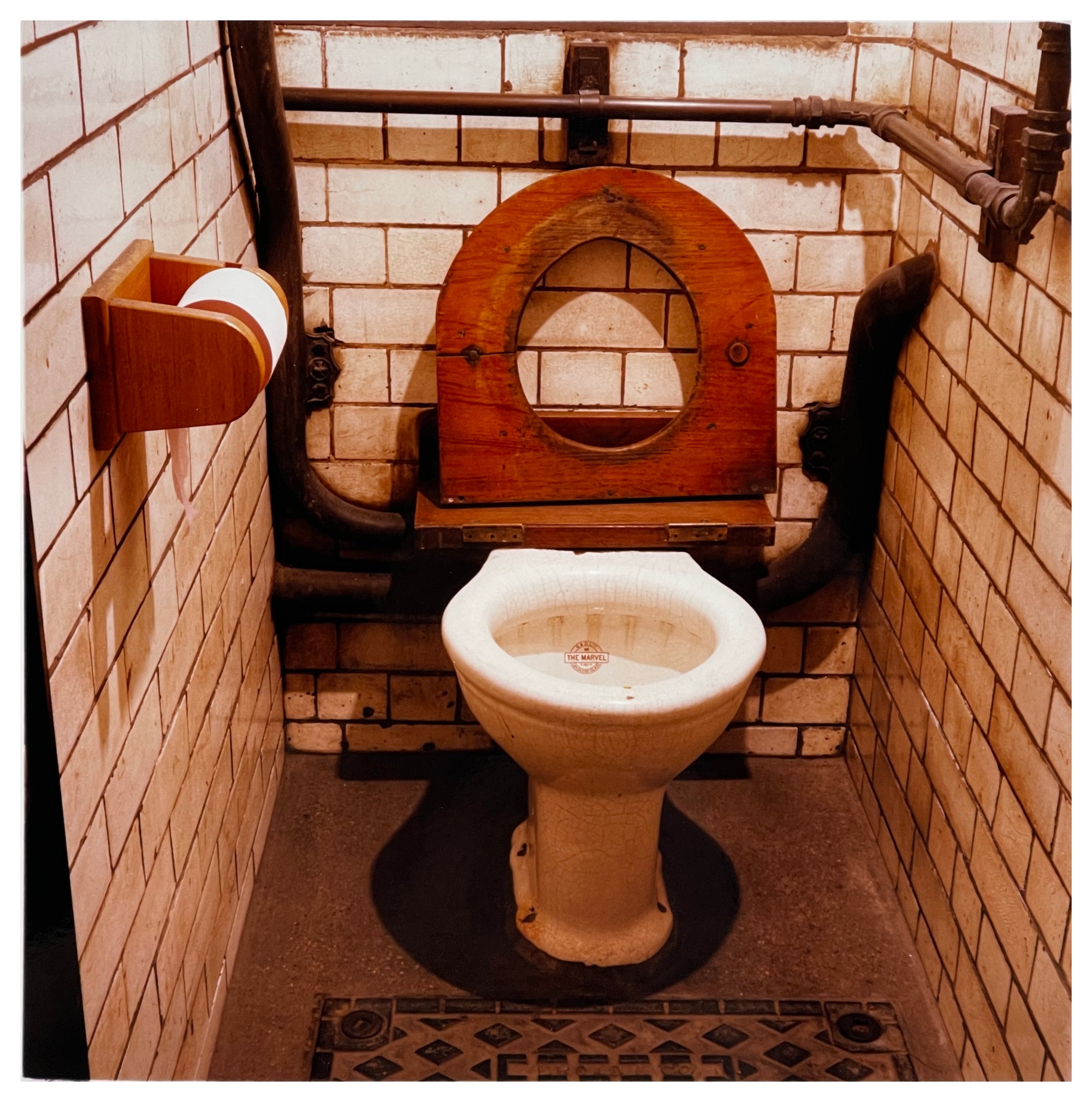 Photograph by Richard Heeps.  A well used toilet with a old wooden seat in the up position.  Dirty white tiles and old black piping surround the toilet.