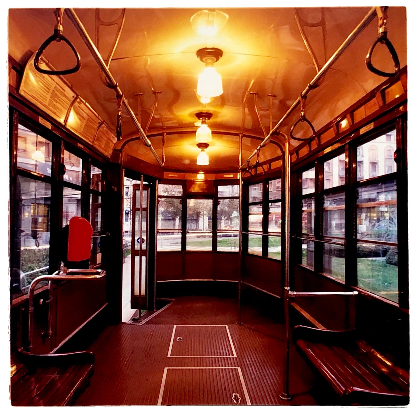 The interior of a vintage Italian tram in Lambrate, Milan. 