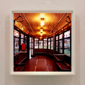 The interior of a vintage Italian tram in Lambrate, Milan. 