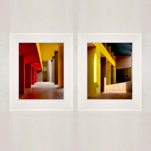 Monte Amiata housing, Gallaratese Quarter, Milan. Red and yellow brutalist architecture photograph by Richard Heeps framed in white paired with Monte Amita.