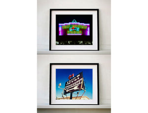 'Adult Entertainment' photographed in Beatty, Nevada, shows bold typography sitting prominently on an American road sign, against a background of bright blue sky. This fun and cheeky artwork was captured on a road trip through America and features in Richard Heeps' sold out book 'Man's Ruin'. An edition of this artwork recently sold at auction in The Auction Collective exhibition 'Hypercolor-Pop-Culture'.